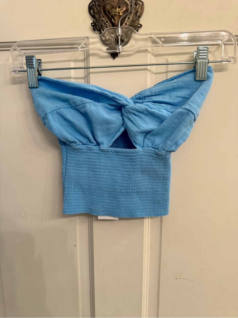 Twist-Front Strapless Crop Top in Sky Blue